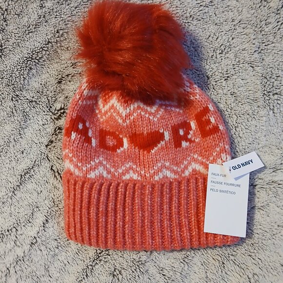Old Navy Women;s Red Fair Isle Beanie Faux Fur Pom Pom NWT - Picture 1 of 6